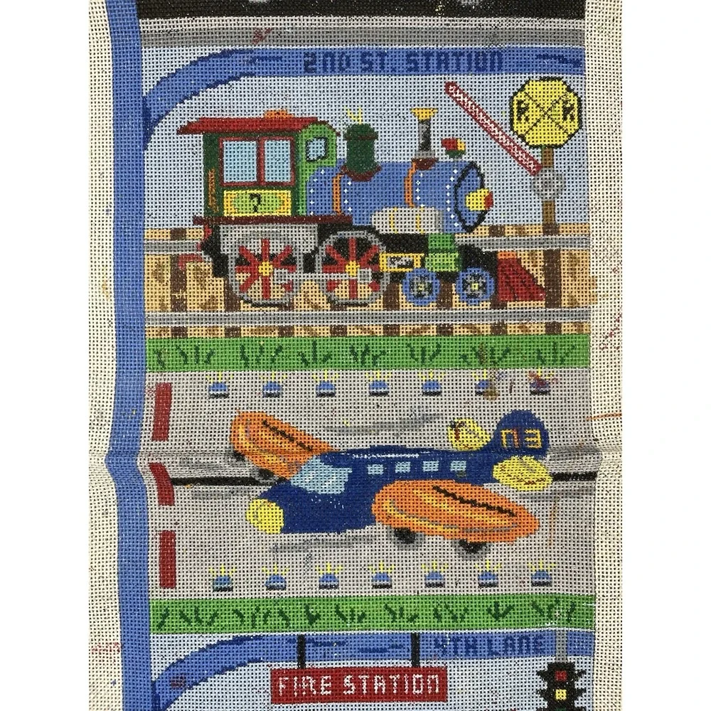 Handpainted Needlepoint Canvas Fire‎ Truck Police Car School Bus Train Airplane